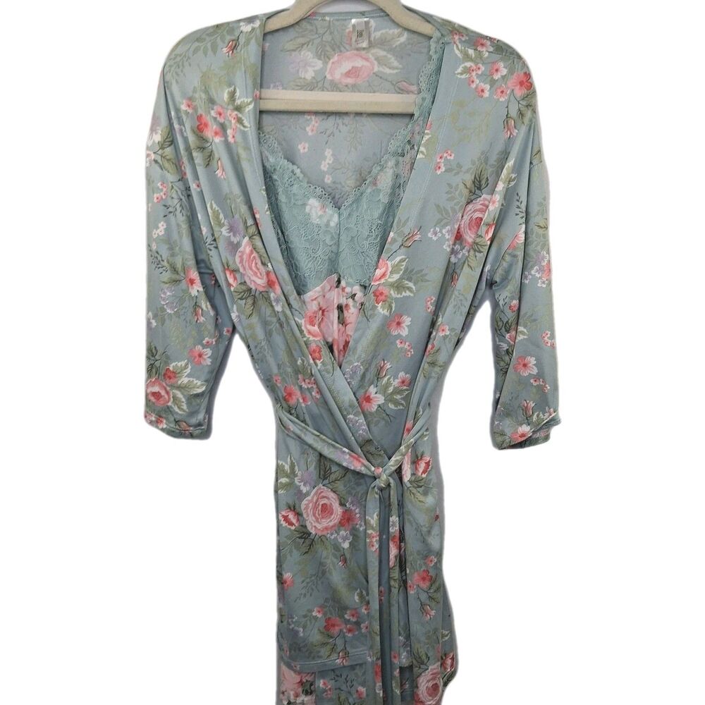 Flora Nikrooz Robe Nightgown Set Blue/Green Floral Size S
